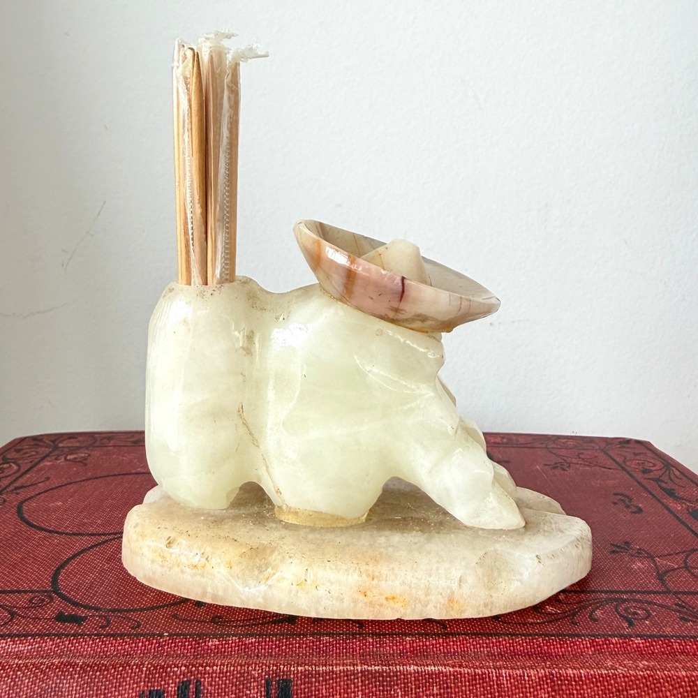 Vintage Mexican Onyx Sleeping Man Toothpick Holder Hand Carved Stone Figurine